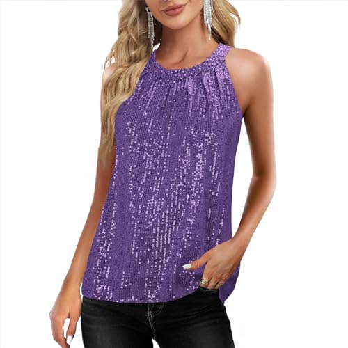 Sequin Tops for Women Sparkly Tops Sleeveless Halter...