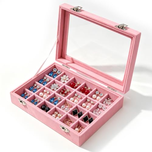 Aoyfuwell Organizador de anillos de terciopelo rosa con 24 compartimentos, bandeja de almacenamiento para anillos con tapa de cristal transparente, diseño bonito para uso doméstico, tienda y