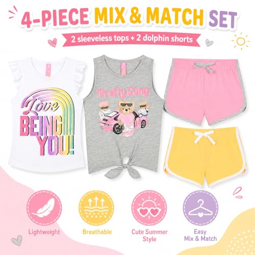 Image of Dreamstar Girls 4 Piece Outfit Set - Sleeveless Graphic Top with Dolphin Shorts, Cute Summer Matching Set for Kids and Tweens