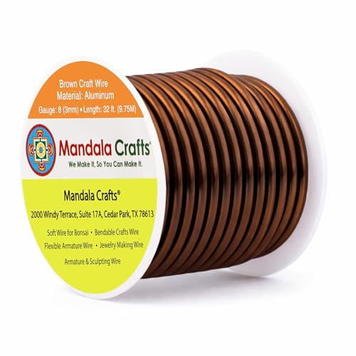 Image of Mandala Crafts 8 Gauge Anodized Aluminum Craft Wire for Jewelry Making - 32 FT Colored Flexible Brown Wire - Bendable for Bonsai Armature Crafting Sculpting
