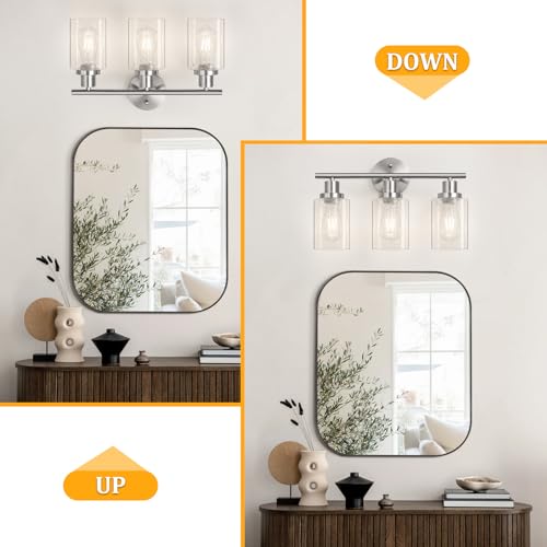 Image of Unicozin Modern Bathroom Light Fixtures, 3 Light Vanity Lights with E26 Bulbs, Brushed Nickel Wall Lamp with Clear Glass for Mirror Living Room Hallway Cabinet Porch