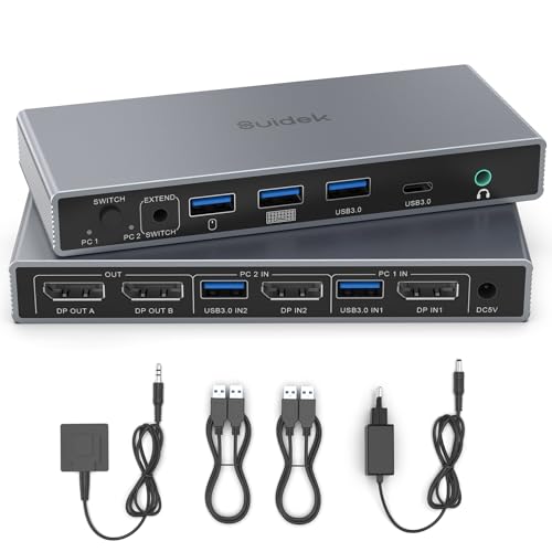 SUIDEK Displayport KVM Switch 2 In 2 Out 4K@60Hz DP1.4 mit 3 USB A+1 USB C f&uuml;r 2 Computer teilen sich 2 Monitore, Tastatur, Maus Drucker, inklusive Desktop-Controller und 5V-Netzteil