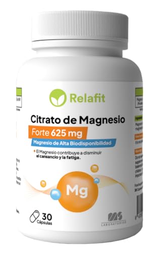 Citrato de Magnesio Forte 625 mg (100 mg de magnesio elemental) 30 Cápsulas | Suministro para 1 mes | Reduce Cansancio y Fatiga | Magnesio Alta Biodisponibilidad | Relafit - Laboratorios MS