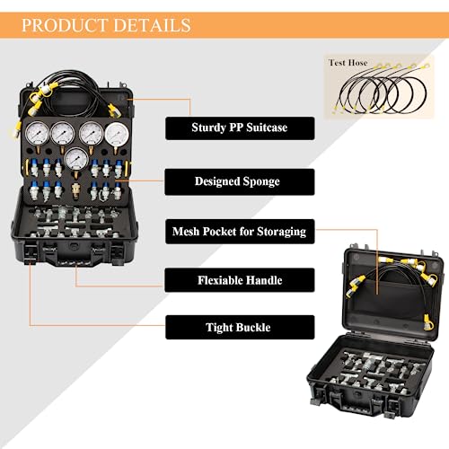 Image of Hydraulic Pressure Test Kit, 150 /1500 /4000 /6000 /10000 PSI, 5 Guages & 13 Test Couplings & 14 Tee Connectors & 5 Test Hoses, Hydraulic Pressure Guage Kit, for Excavator Construction Machinery