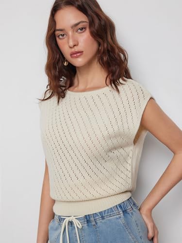 Image of CIDER Summer Short Sleeve Crop Sweater Vest Women Boat Neck Cut Out Tops | Cinched Waist, Light Weight, Ribbed Knit Tops, Hollow Out Crochet Vest, Going Out Trendy Tee