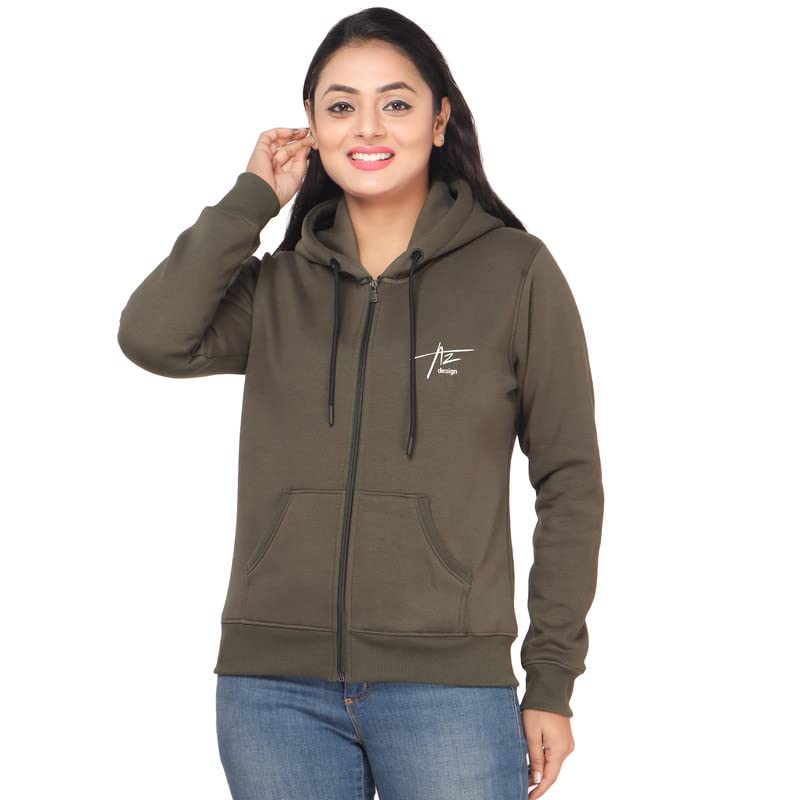 azf Winter Wear Printed Full Sleeve Zipper Hooded Fleece Sweatshirts for Women's (653 Logo Olive)-picture-22