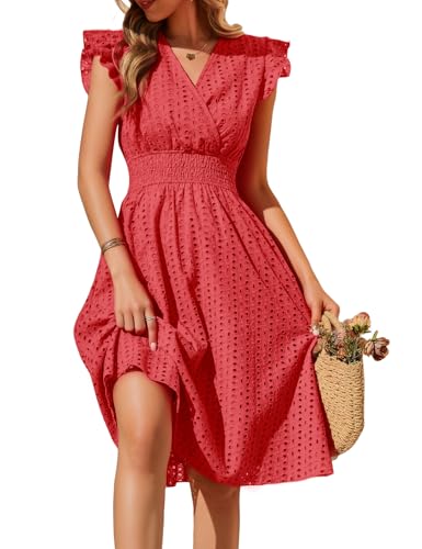 heekpek Robe Ete Femme Mi Longue Coton Col en V Robes Casual Taille Haute Ligne A sans Manche à Volants Robe Boheme Chic Detente Crochet Dentelle Jupe avec Poche,...