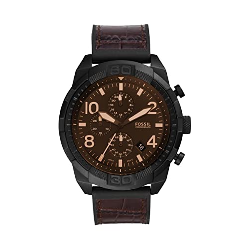 Fossil Reloj para hombre Bronson, movimiento cronógrafo, 50mm Caja de acero negro con correa de piel, …