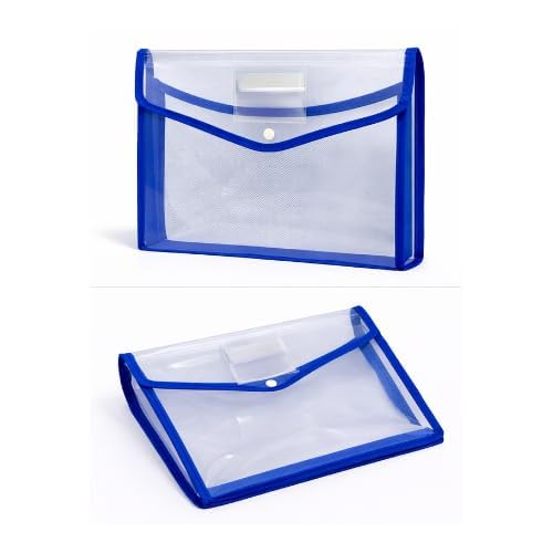Image of LIKHIT Clear Document Folder Bag with Snap Button Closure | Transparent Plastic File Organizer with Blue Border | Waterproof A4 Document Holder for Office, School, Home & Travel