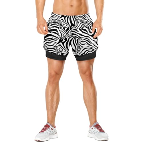 Men's 2 in 1 Running Short Zebra Stripes Print Gym Athletic Sport Shorts for Men with Liner Phone Pockets, S2