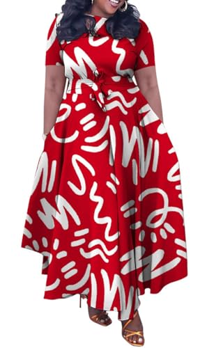 Image of BFFBABY Plus Size Dress A Line Dresses for Women Summer Long Dresses with Sleeve Casual Belted