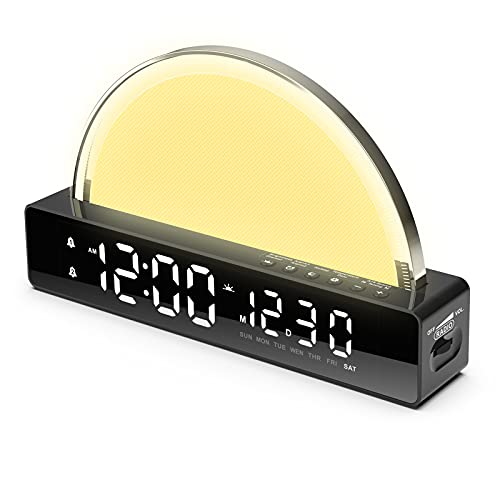 Sunrise Alarm Clock Wake Up Light with FM Radio Simulated Sunrise Touch-Changed 5 Color Dynamic Atmosphere Light 6 Natural Sounds 7 Color Sleep Breathing Light Suitable for Kids and Heavy Sleepers