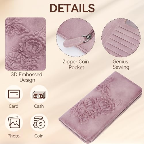 Image of Wallet Women Ultra Slim Thin Rfid 3D Embossed Vegan Leather Womens Wallet Clutch Long Ladies Wallet (03-Purple)