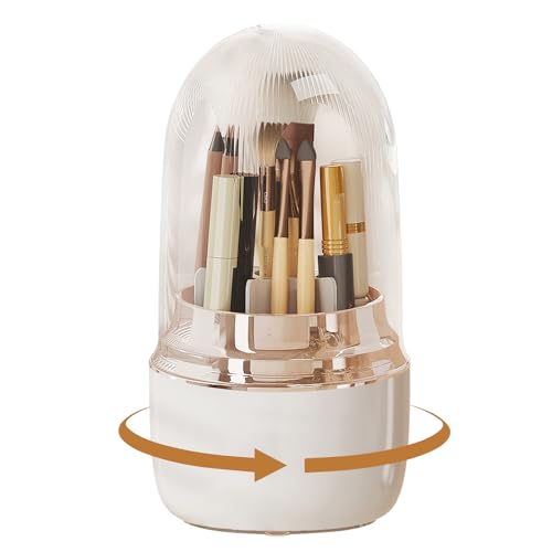 CGCG Makeup Brush Holder with Clear Lid 360° Rotating Make Up Brush Storage Organizer for Bathroom Vanity Desktop Countertop-White/Gold