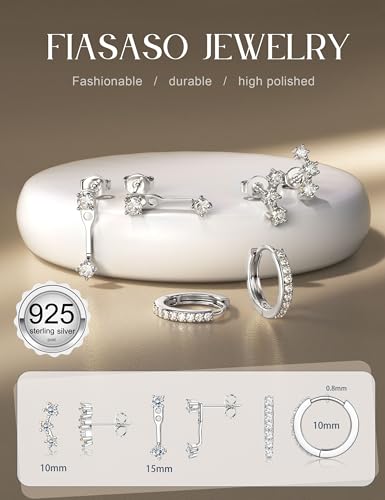 FIASASO 3 Pairs 925 Sterling Silver Hypoallergenic Earrings for Women Trendy - 14K Gold Plated Stud Hoop Cartilage Earrings Set Small Earring Stacks for Sensitive Ears Non Tarnish Dainty Silver Earring