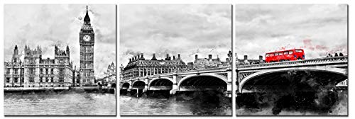 CUFUN Art - Londres Big Ben y Red Bus Pinturas en Lienzo Marco de Madera Paisaje Arte de la Pared para la decoración del hogar Listo para Colgar