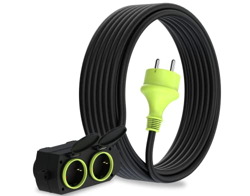 MutecPower 10m Verlängerungskabel mit 4 schuko steckdosen für den aussenbereich IP44 H05RR-F3G 1 5mm verlängerung mit 4 schutzkontakt buchsen 4-Fach Outdoor verteiler 10 Meter schwarz/grün