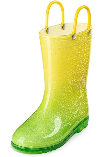 Puddle Play Kids PVC Glitter Rain Boots - Easy On Handles - For Girls and Boys, Lightweight, Sparkly, Toddler 4 (Yellow/Green)