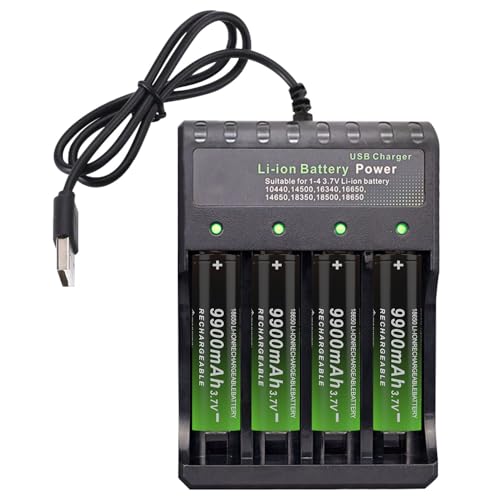 CBJJ 18650 Battery Charger Set 18650 Rechargeable Battery Charger with 4 Pcs 9900mAh Flat Top 3.7V Batteries for Flashlights, Headlamps
