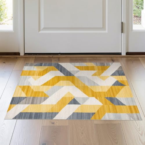 ODIKA 2'x3' Yellow Grey Mustard Geometric Zigzag Washable Doormat