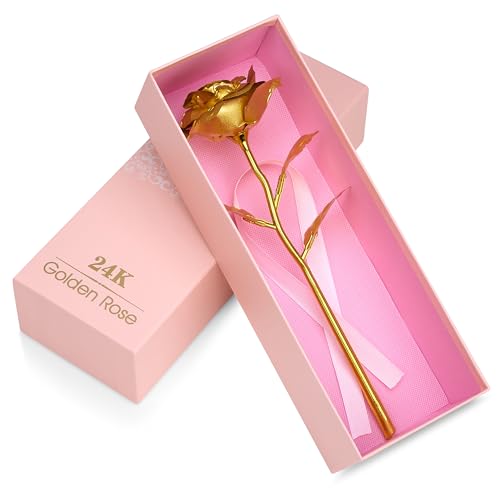 Listado de Rosa oro los mejores 5. 44 Rosa de oro de 24 quilates con caja de regalo de lujo, rosas individuales de metal rosa dorado de 10 pulgadas y regalo para el día de San Valentín para mujeres, seres queridos,...