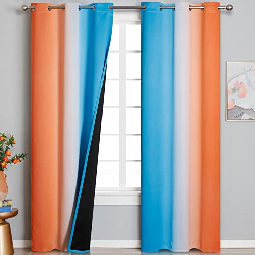 Thermal Insulated Blue and Orange Curtains for Living Room, Complete Light Blocking Ombre Blackout Curtains for Bedroom, Full Room Darkening Gradient Grommet Drapes for Boy Room, 42x84 Inch, 2 Panels
