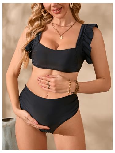 MakeMeChic Women's Maternity Swimsuit Two Piece Bikini Sets Ruffle Sleeve High Waisted Pregnancy Swimwear4