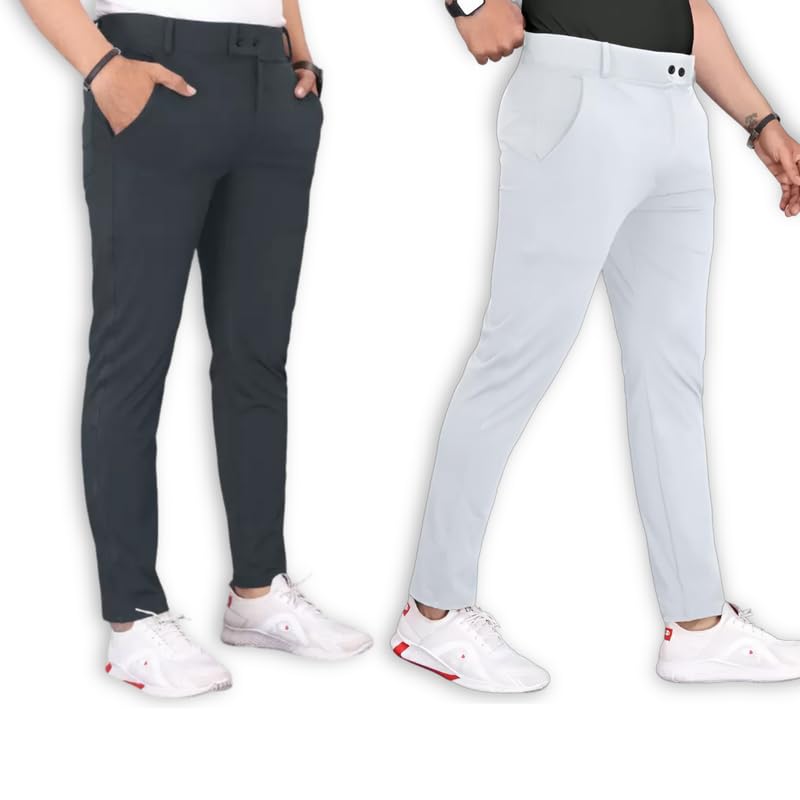 Image of Men's Stylish Slim Fit Lycra Blend Trousers - Pack of 2 (Combo) Formal Pants for Men | Stretchable Regular Office Formal Wear | Comfortable Solid Casual, Business, and Work Trousers for Men
