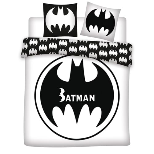 Aymax Parure de Lit Double Batman Logo 2 Personnes, Housse de Couette Réversible 240x220 cm + 2 Taies d'oreiller 65x65 cm, Polycoton, Noir et Blanc