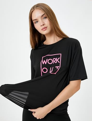 KOTON Kadın Oversize Spor Tişört Kısa Kollu Bisiklet Yaka Baskılı, Siyah, XS - Görsel 2