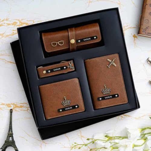 Image of Thebaegift Personalized Name & Charm Leather Wallet Mens Combo Giftset | Customized Birthday Anniversary Wedding Engagement Office Gifts for Man| Gift for Men| Fathers Day Gift for Dad Father