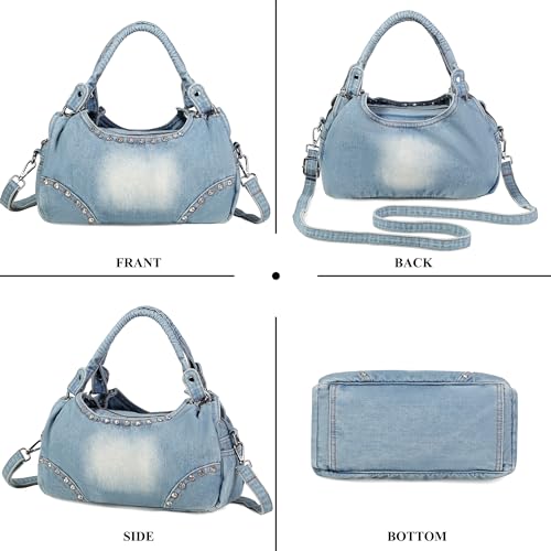 Image of Fashion Crossbody Bag Denim Purse with Rhinestones Y2K Jean Handbag for Women | Washed Denim