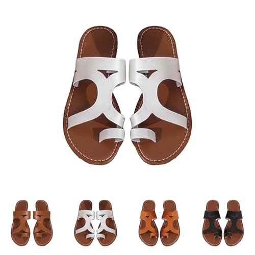 YIzdegg tåseparator sandaler damer läder – platta bekväma sandaletter mjuk sula tofflor lätta flip flops vattentät halkfria utomhussandaler öppna tår sommarskor tåsandaler, Vit, 36 EU