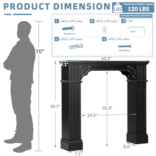 Image of Black Fireplace Mantel, Rustic Freestanding Surround Mantel for Fireplace with Decorative Pattern, Wooden Mantle with Leg for Living Room, Anti-Tipping & Waterproof, 43.3 inch W x 39.7 inch H