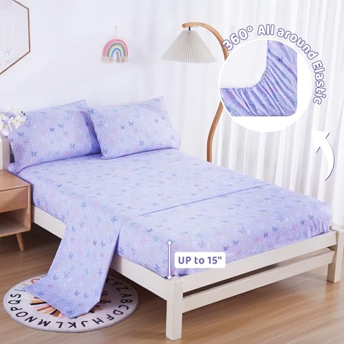 Image of Viviland 4 Pieces Girls Light Purple Full Sheet Set - Soft Microfiber Fitted Flat Sheets & Pillowcases - Butterfly Floral Printed Bedding Sets - for Kids & Toddlers