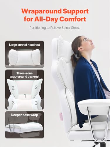 Image of VEVOR Reclining Office Chair with Footrest, Heavy Duty PU Leather Oversize Office Chair, Big and Tall Executive Office Chairs with Lumbar Support, Strong Metal Base Quiet Wheels, White