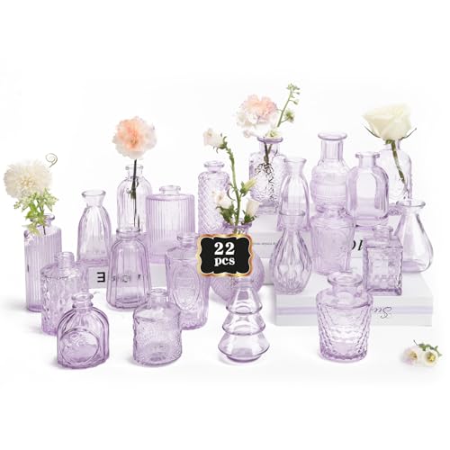 RUCKAE Purple Flower Vase in Bulk 22 Glass Bud Vases Vintage Small Vases for Centerpiece Table Wedding Decorations Home Decor Party (Purple 22 Pack)