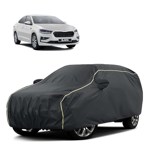 Image of Sulfar 100% Water Resistant Car Body Cover Compatible with Mirror for Skoda Slavia (Triple Stitched, Full Bottom Elastic, Dark Grey Tafetta with Yellow Piping)