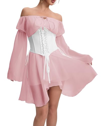 YINGWIN Zweiteiler Outfit Piratenkostüm Damen Kleider mit Corset Korsett Damen Chiffonkleid Off Shoulder Kleid Strandkleid Party Piratin Kostüm...