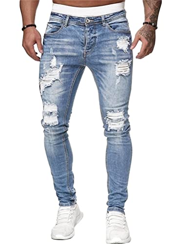 ORANDESIGNE Hombres Jeans Ajustados Pantalones Vaqueros Rasgados Pitillo Slim Fit Skinny Pantalone Casuales Elasticos Agujero Pantalón Personalidad Jeans de Insignia C Azul Claro L Cover
