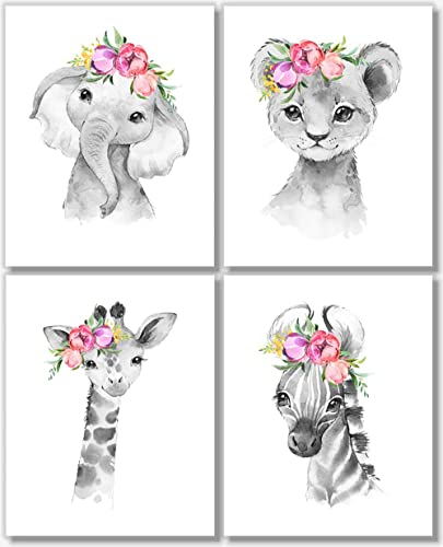 Image of Safari Nursery Wall Art Set - Baby Animal Prints Jungle Theme Decor - Elephant Giraffe Lion Zebra With Pink Flowers- Nursery Wall Decor for Kids Room or Baby Shower Gift - Prints Made Perfect