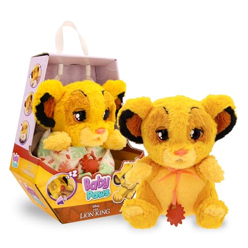 BABY PAWS Simba, Peluche Interactivo, con Sonidos Que Abre y Cierra los Ojos e Incluye una Bolsa para Llevarlo Contigo, Juguete Regalo para Niños y Niñas de 3 Años o Más