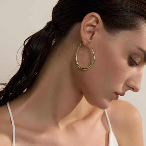 Lightweight Oval Hoop Earrings for Women - 14K Gold Plated, Rose Gold Plated and Sterling Silver Plated Large Oblong Hoop Earrings for Women Statement Jewelry Gift 5
