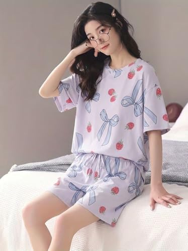Image of Korean Night Dress |Shorts Set |Round Neck Half Sleeve Nightsuit |Premium Cotton Blend Stylish Digital Printed Pajama Co-ords |Matching 2 Piece Sleepwear Nightwear Cute Pjs |Casual Lounge Sets