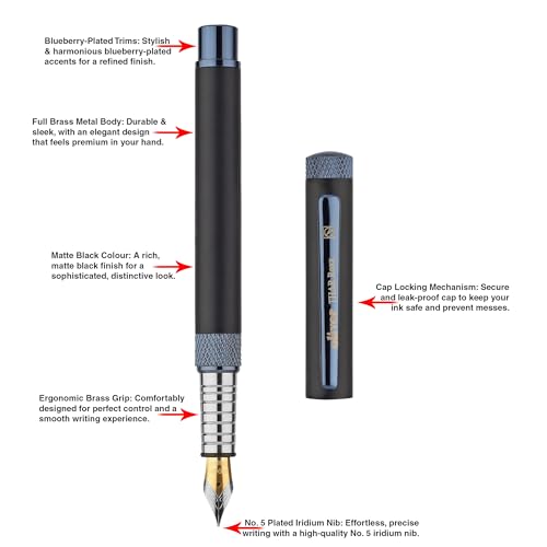 Image of Oliver Thar Roxx Matte & Shine Fountain Pen - Matte Black /Blueberry Trims, Full Brass Body, 0.6mm Cardinal Refill, Gift T Box