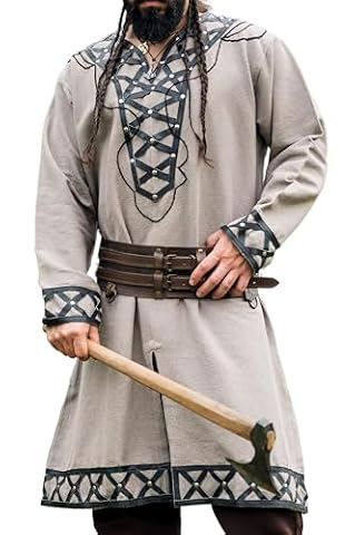 Leonardo Carbone® Wikinger Tunika Erik - średniowieczna odzież męska, koszule casualowe krótki rękaw, kostium karnawałowy, tunika wikingów, odzież LARP - 100% bawełna z aplikacjami z eko-skóry, Sand