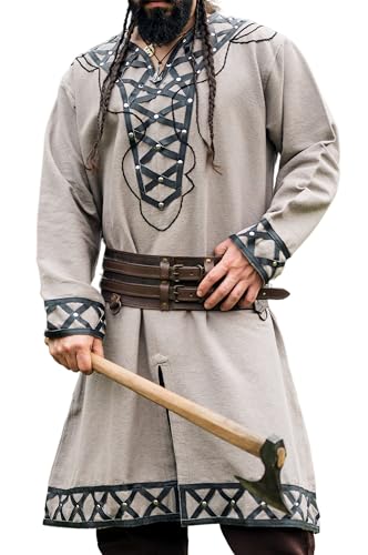 Leonardo Carbone® Wikinger Tunika Erik - średniowieczna odzież męska, koszule casualowe krótki rękaw, kostium karnawałowy, tunika wikingów, odzież LARP - 100% bawełna z aplikacjami z eko-skóry, Sand