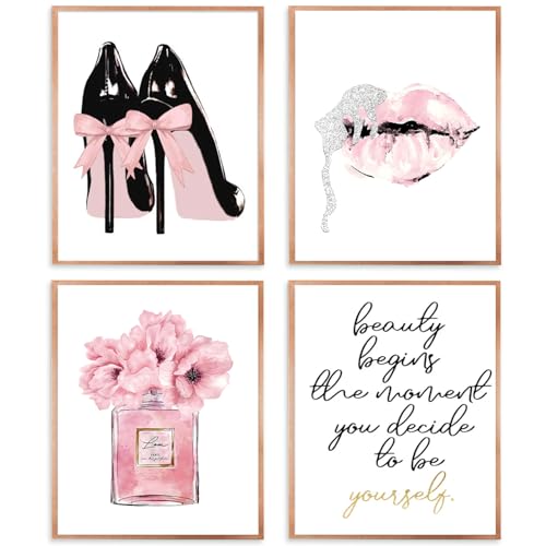 Qabliqo Pink Fashion Wall Art, Pink and Black Bathroom Decor Wall Art Prints Set of 4, Inspirational Women Wall Art Decor for Girls Women Bedroom Bathroom Beauty Room, 8x10 Inches Unframed