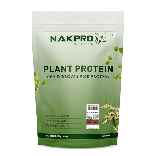Image of NAKPRO NUTRITION Plant Protein (Pea & Brown Rice Protein), Chocolate - 500g | 25.2g Protein| All Essential Amino Acids