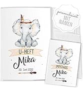 Mikalino Hülle für U-Heft + Impfpass Niedlicher Elefant mit Stirnband und Feder (Name, Datum) Imp...